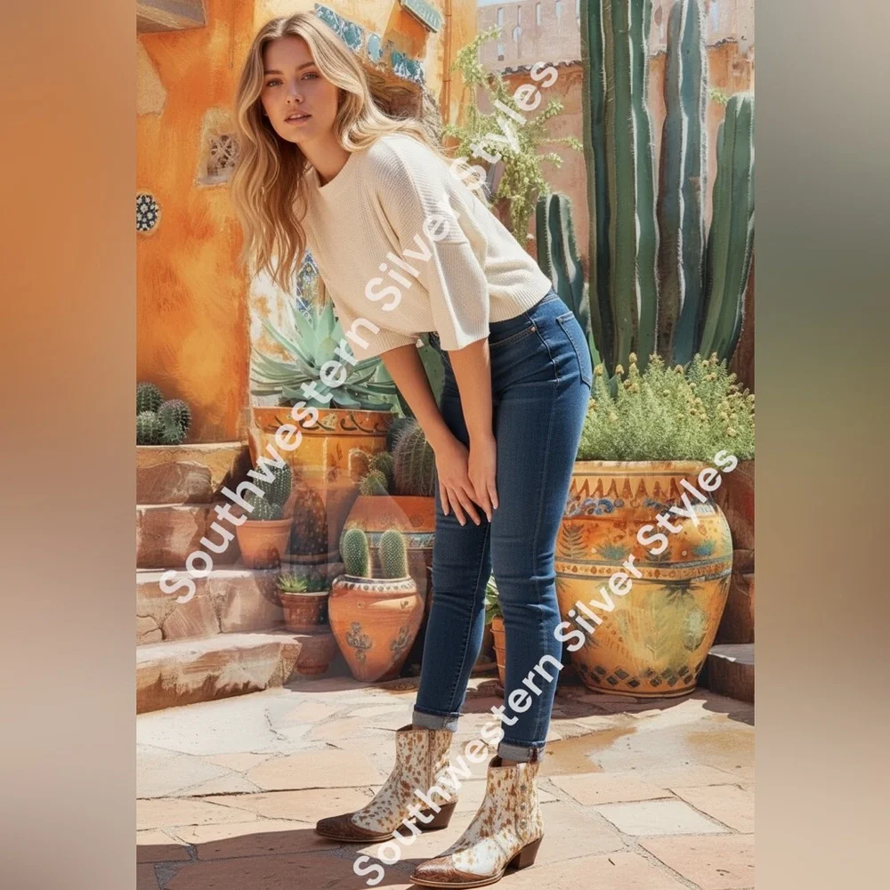 NEW Southwestern Myra Bag Leather CowHair Gold White Women’s Size 10 Ankle Boots